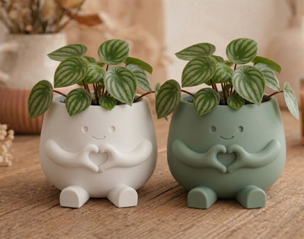 Dois vasinhos sorridentes impressos em 3D, branco e verde, com mãos em formato de coração, cada um com uma planta de verdade